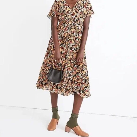 Madewell Dolman-Sleeve Ruffle-Hem Midi Dress in Flower Garden Summer - Picture 1 of 10